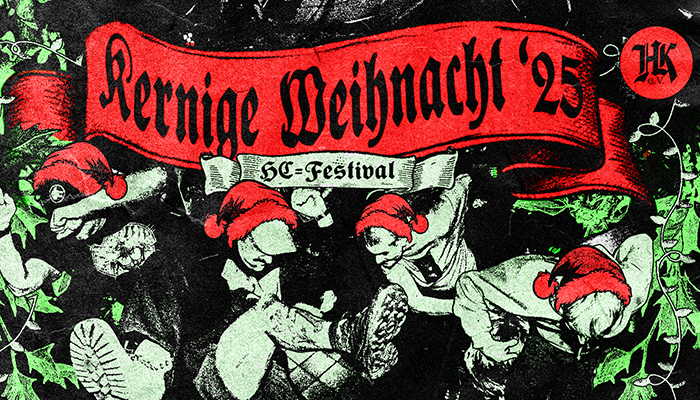 Die Grafik zeigt tanzende, eventuell poguende Menschen in sw-Optik mit roten Weihnachtsmützen unter einem roten Spruchband "Kernige Weihnacxht 25.